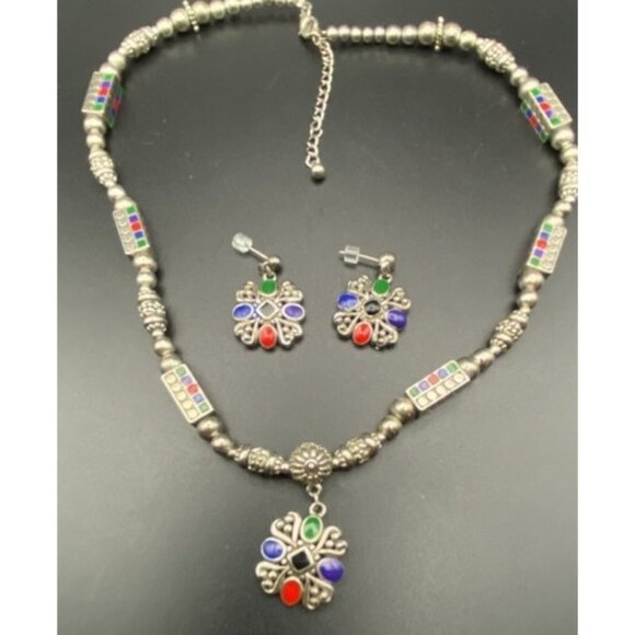 Unbranded Jewelry - Boho Silver Tone Multi Color Cabochon Necklace Dangle Earring Set Tribal Style